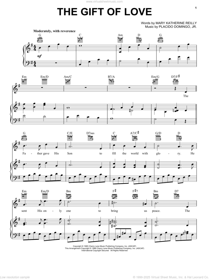 The Gift Of Love sheet music for voice, piano or guitar by Placido Domingo Jr. and Mary Katherine Reilly, intermediate skill level