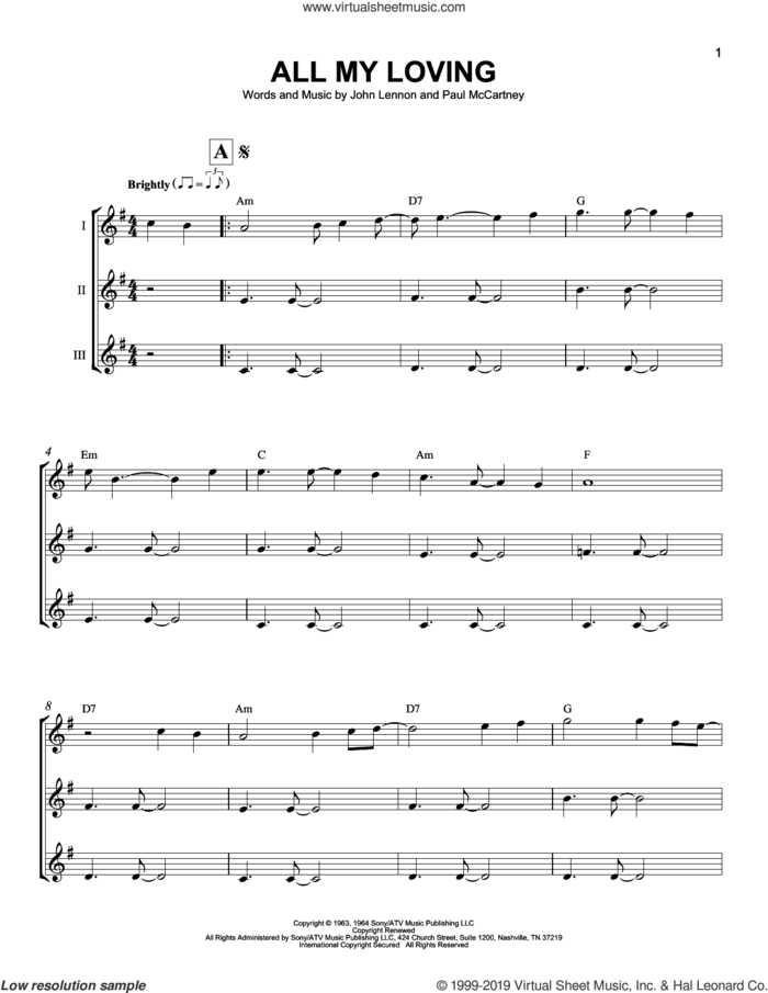 All My Loving sheet music for ukulele ensemble by The Beatles, John Lennon and Paul McCartney, intermediate skill level