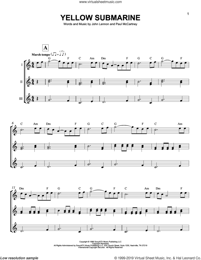 Yellow Submarine sheet music for ukulele ensemble by The Beatles, John Lennon and Paul McCartney, intermediate skill level