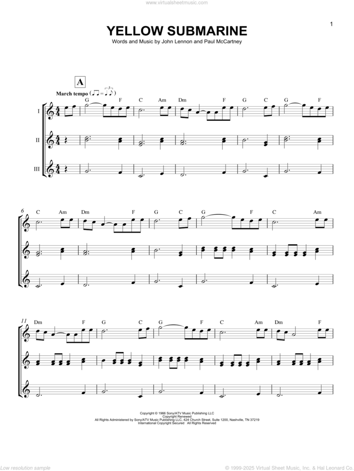 Yellow Submarine sheet music for ukulele ensemble by The Beatles, John Lennon and Paul McCartney, intermediate skill level