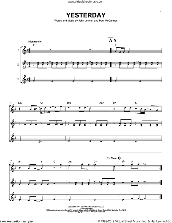 Yesterday sheet music for ukulele ensemble by The Beatles, John Lennon and Paul McCartney, intermediate skill level