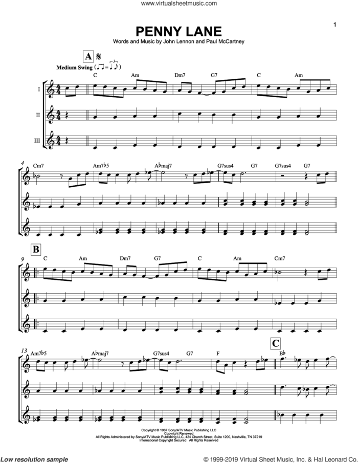 Penny Lane sheet music for ukulele ensemble by The Beatles, John Lennon and Paul McCartney, intermediate skill level