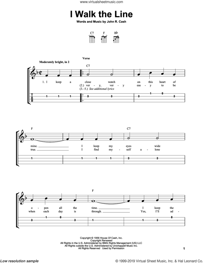 I Walk The Line sheet music for ukulele (easy tablature) (ukulele easy tab) by Johnny Cash, intermediate skill level