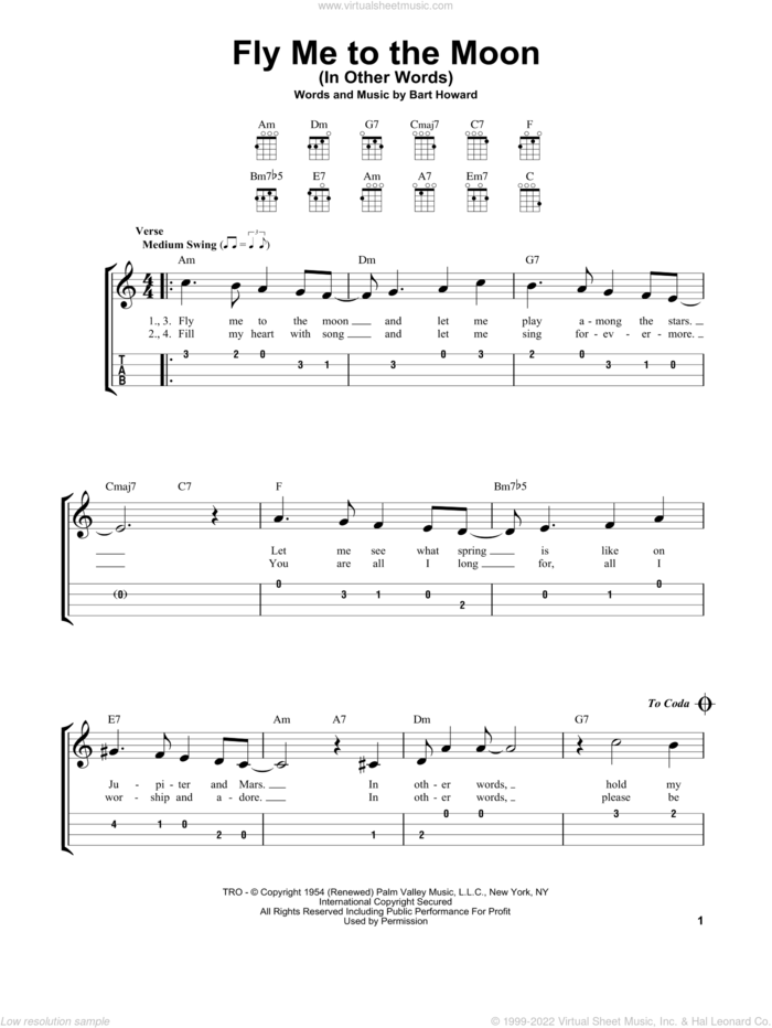 Fly Me To The Moon (In Other Words) sheet music for ukulele (easy tablature) (ukulele easy tab) by Frank Sinatra and Bart Howard, wedding score, intermediate skill level