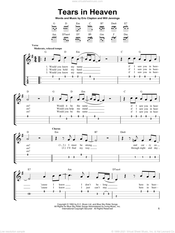Tears In Heaven sheet music for ukulele (easy tablature) (ukulele easy tab) by Eric Clapton and Will Jennings, intermediate skill level