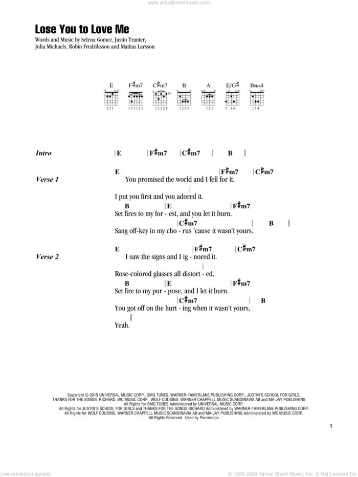 Lose You To Love Me sheet music for guitar (chords) by Selena Gomez, Julia Michaels, Justin Tranter, Mattias Larsson and Robin Fredriksson, intermediate skill level