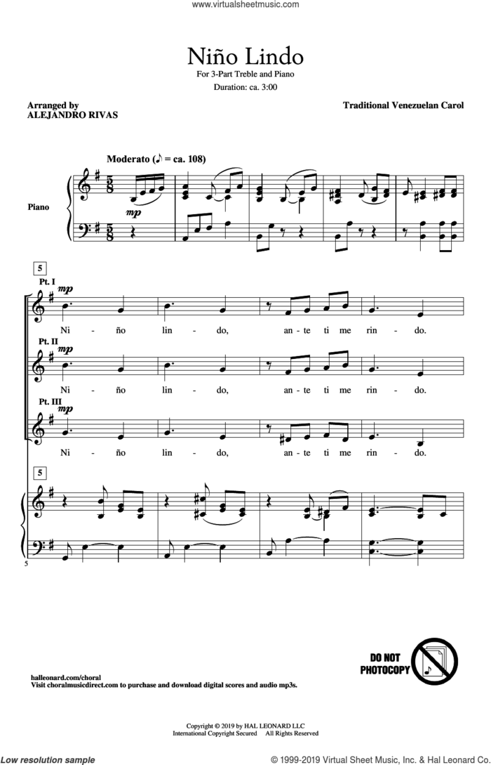 Nino Lindo (arr. Alejandro Rivas) sheet music for choir (3-Part Treble) by Traditional Venezuelan Carol and Alejandro Rivas, intermediate skill level