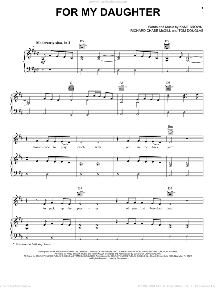 For My Daughter sheet music for voice, piano or guitar by Kane Brown, Richard Chase McGill and Tom Douglas, intermediate skill level