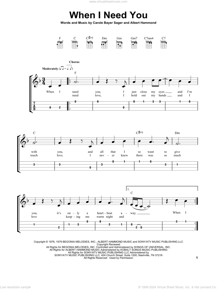 When I Need You sheet music for ukulele (easy tablature) (ukulele easy tab) by Leo Sayer, Albert Hammond and Carole Bayer Sager, intermediate skill level