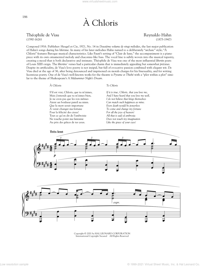 A Chloris sheet music for voice and piano (High Voice) by Reynaldo Hahn, Carol Kimball and Richard Walters, classical score, intermediate skill level