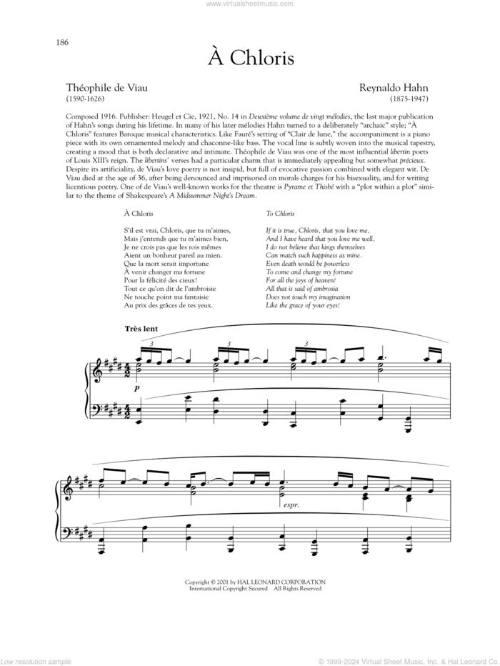 A Chloris sheet music for voice and piano (High Voice) by Reynaldo Hahn, Carol Kimball and Richard Walters, classical score, intermediate skill level