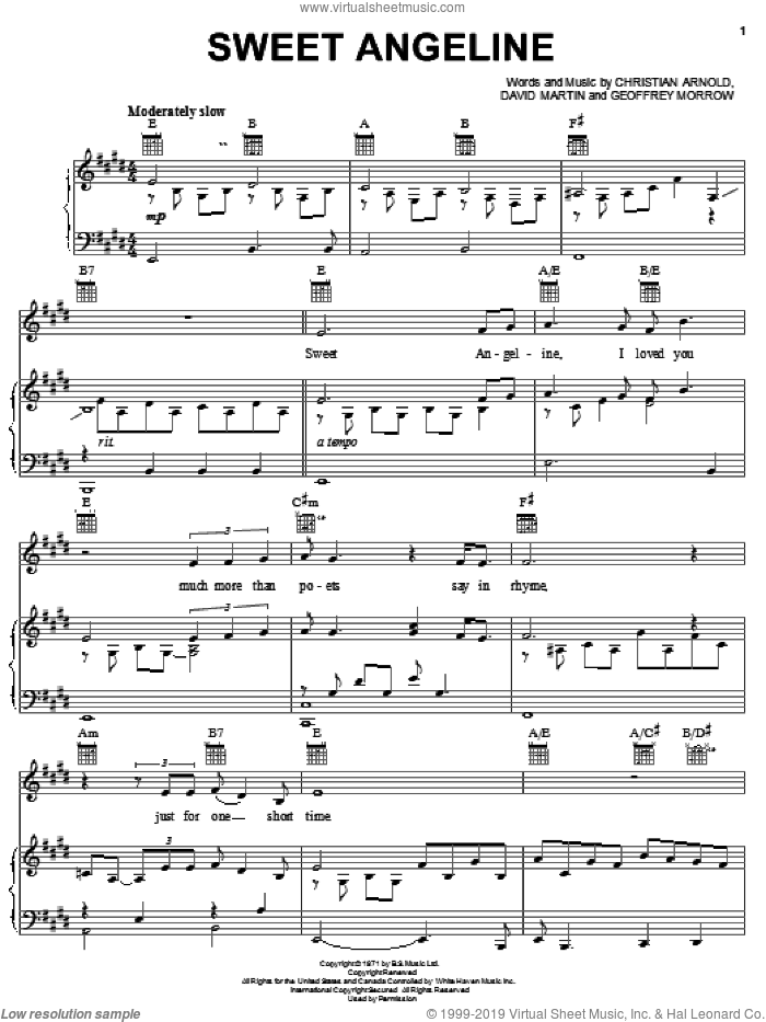 Sweet Angeline sheet music for voice, piano or guitar by Elvis Presley, Christian Arnold, David Martin and Geoffrey Morrow, intermediate skill level