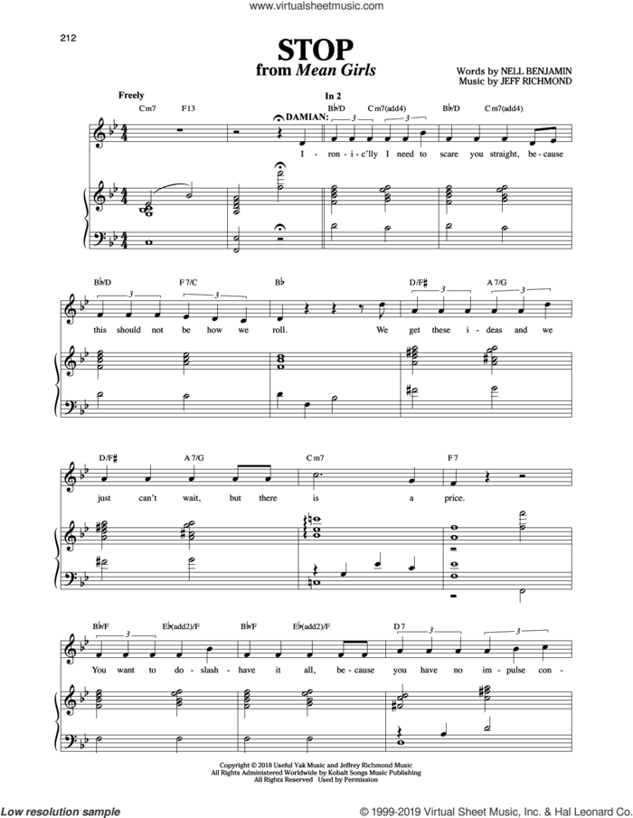 Stop [Solo version] (from Mean Girls: The Broadway Musical) sheet music for voice and piano by Nell Benjamin, Richard Walters, Jeff Richmond and Jeff Richmond & Nell Benjamin, intermediate skill level
