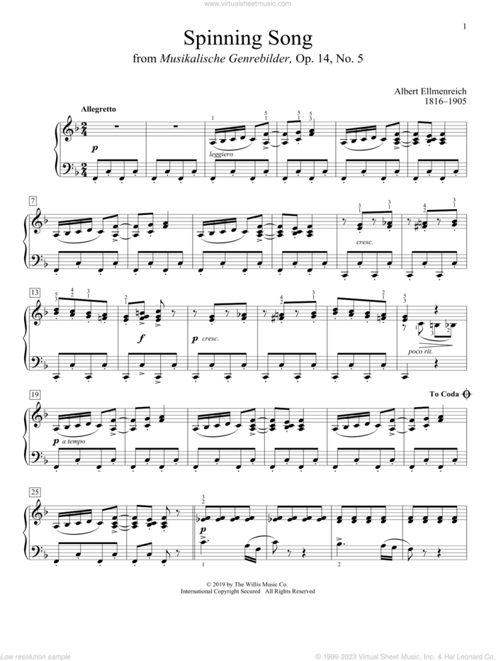 Spinning Song sheet music for piano solo (elementary) by Albert Ellmenreich, classical score, beginner piano (elementary)