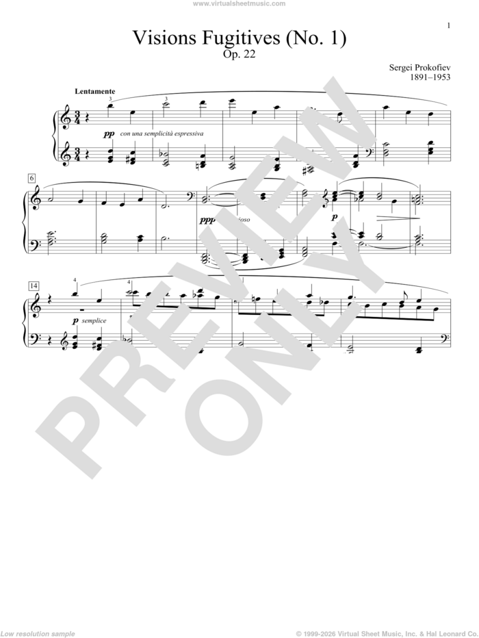 Visions Fugitives, Opus 22, No. 1 sheet music for piano solo (elementary) by Sergei Prokofiev and Alexandre Dossin (ed.), classical score, beginner piano (elementary)