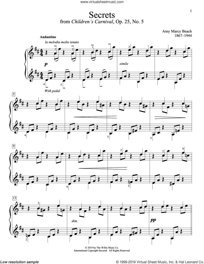 Secrets sheet music for piano solo (elementary) by Amy Marcy Beach, classical score, beginner piano (elementary)