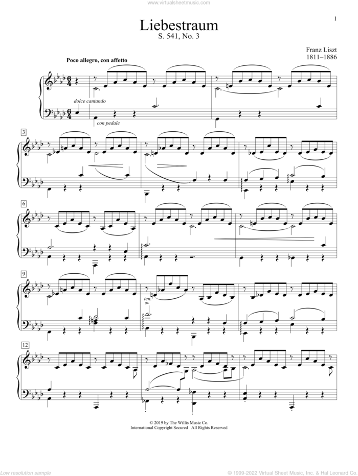 Liebestraum No. 3 (Dream Of Love) sheet music for piano solo (elementary) by Franz Liszt, classical score, beginner piano (elementary)