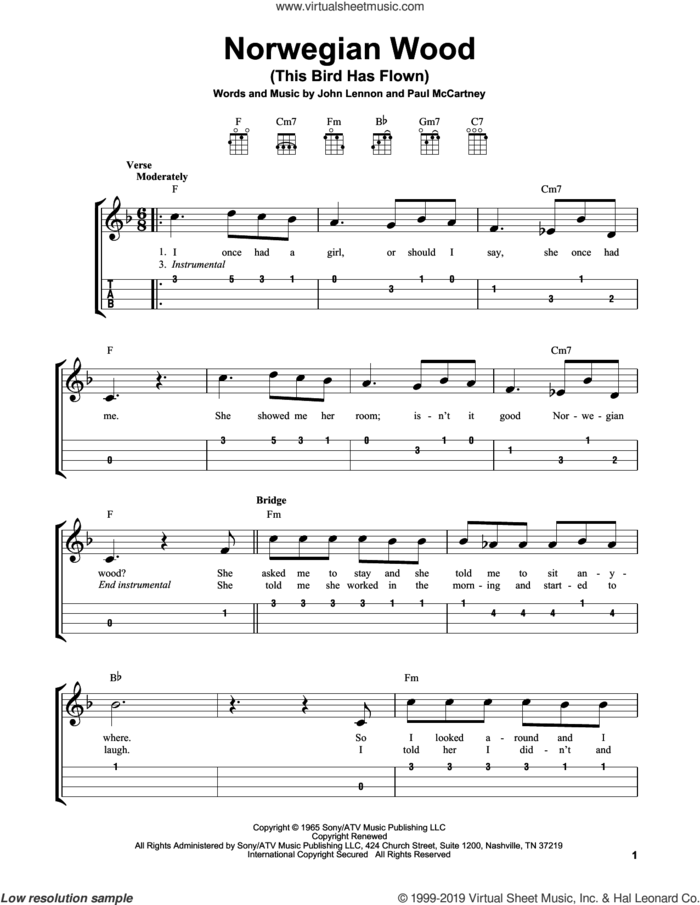 Norwegian Wood (This Bird Has Flown) sheet music for ukulele (easy tablature) (ukulele easy tab) by The Beatles, John Lennon and Paul McCartney, intermediate skill level