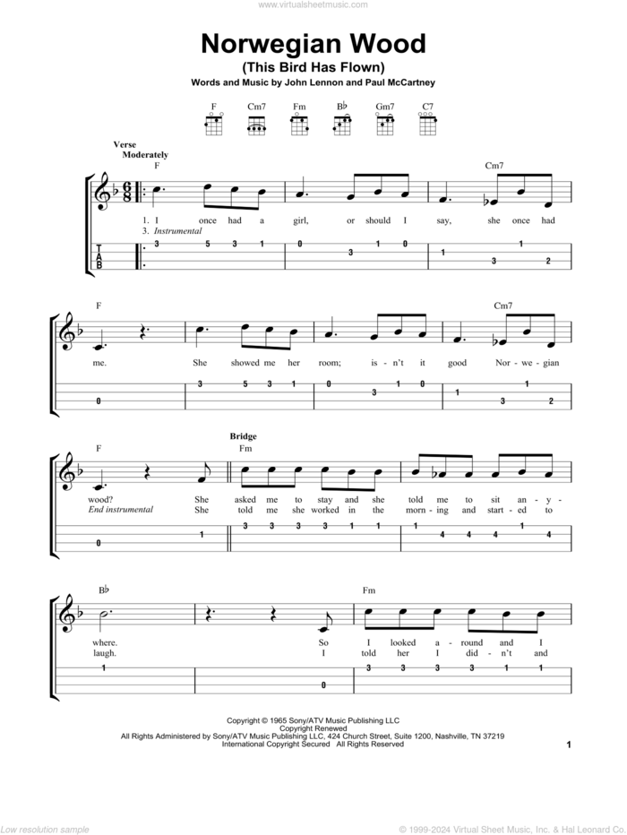 Norwegian Wood (This Bird Has Flown) sheet music for ukulele (easy tablature) (ukulele easy tab) by The Beatles, John Lennon and Paul McCartney, intermediate skill level