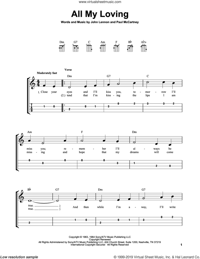 All My Loving sheet music for ukulele (easy tablature) (ukulele easy tab) by The Beatles, John Lennon and Paul McCartney, intermediate skill level