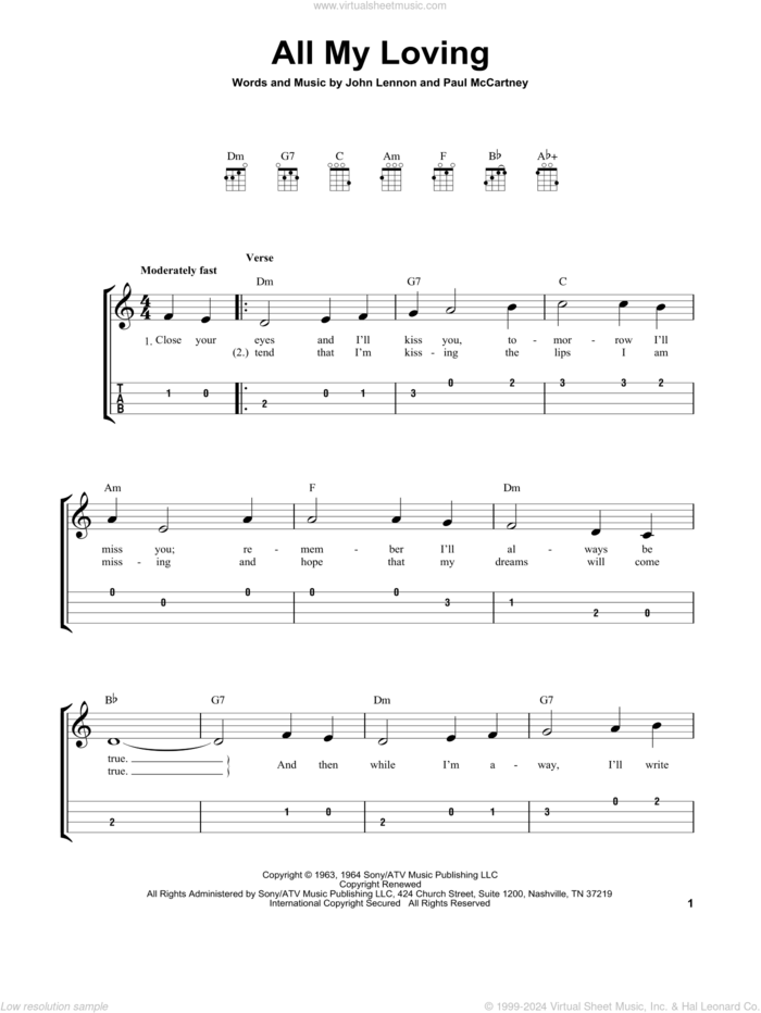 All My Loving sheet music for ukulele (easy tablature) (ukulele easy tab) by The Beatles, John Lennon and Paul McCartney, intermediate skill level