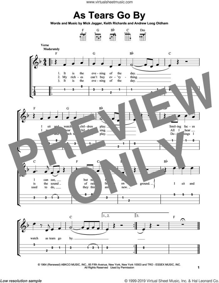 As Tears Go By sheet music for ukulele (easy tablature) (ukulele easy tab) by The Rolling Stones, Andrew Loog Oldham, Keith Richards and Mick Jagger, intermediate skill level