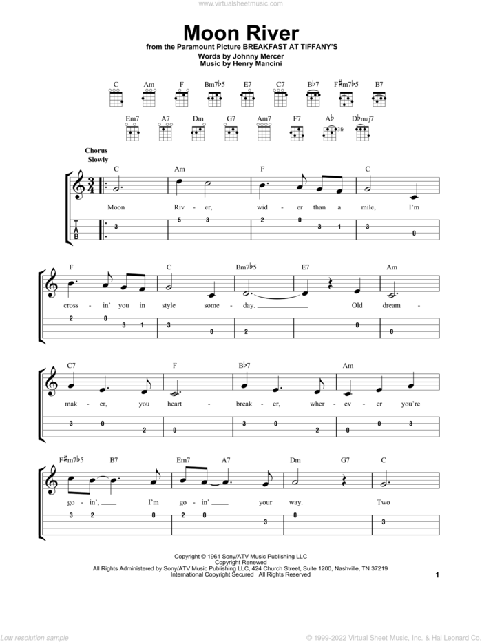 Moon River sheet music for ukulele (easy tablature) (ukulele easy tab) by Johnny Mercer, Henry Mancini and Johnny Mercer & Henry Mancini, wedding score, intermediate skill level