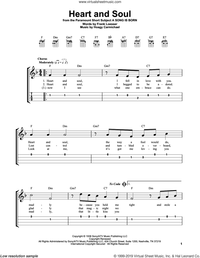 Heart And Soul sheet music for ukulele (easy tablature) (ukulele easy tab) by Frank Loesser, Frank Loesser and Hoagy Carmichael and Hoagy Carmichael, intermediate skill level