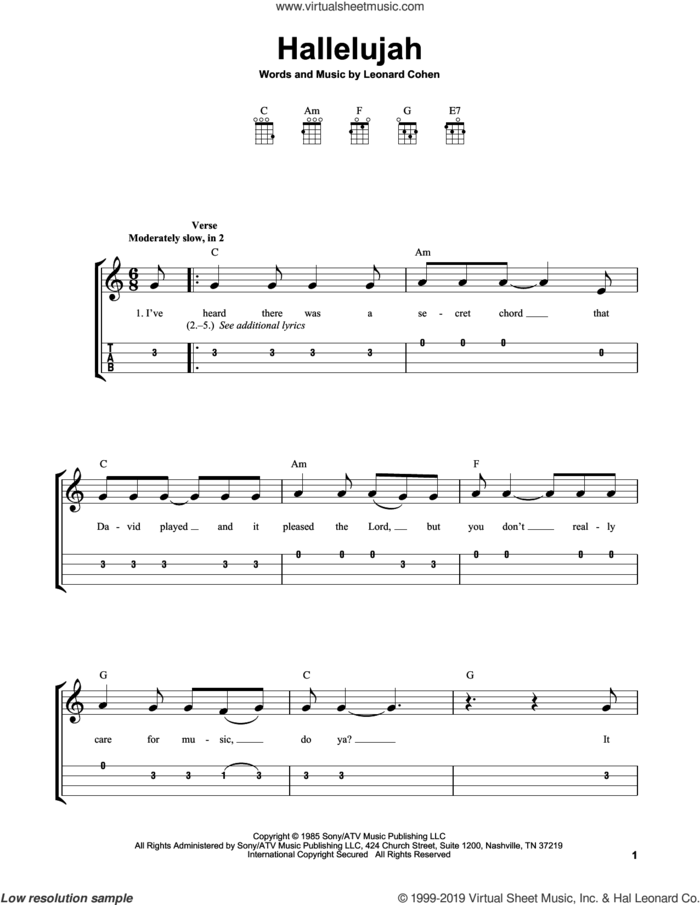 Hallelujah sheet music for ukulele (easy tablature) (ukulele easy tab) by Leonard Cohen, intermediate skill level