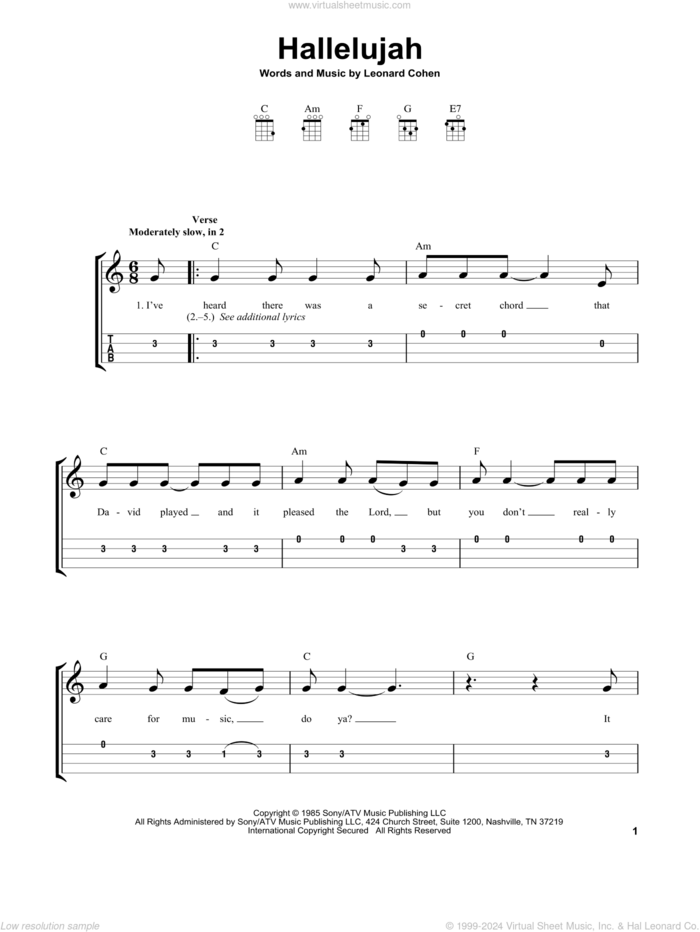 Hallelujah sheet music for ukulele (easy tablature) (ukulele easy tab) by Leonard Cohen, intermediate skill level