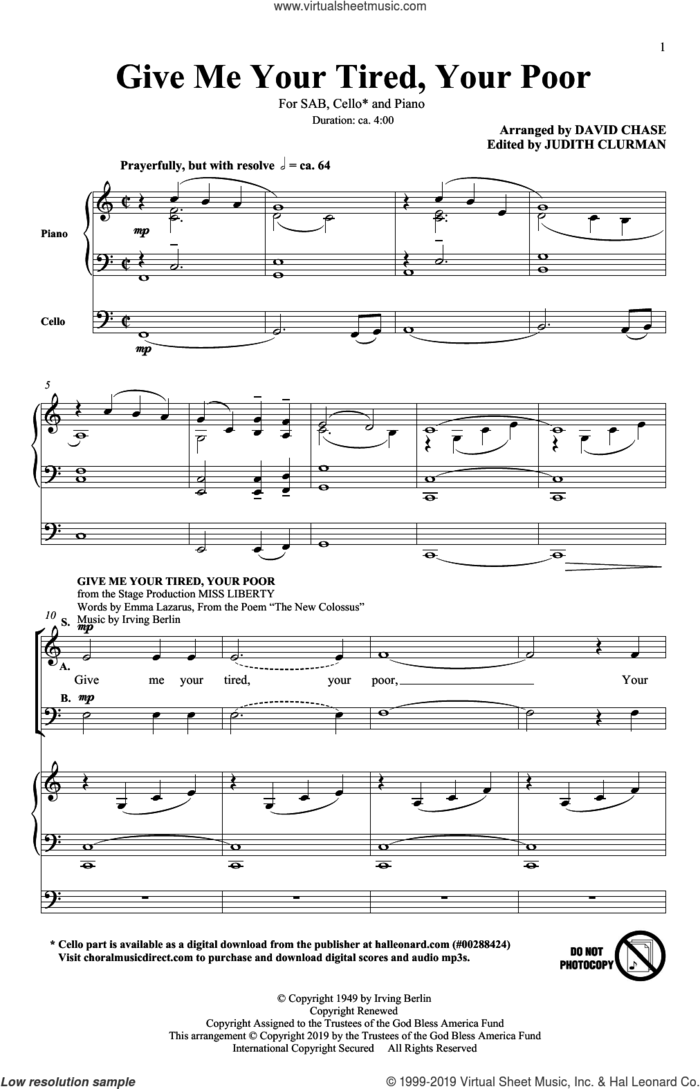 Give Me Your Tired, Your Poor (with 'God Bless America') (arr. David Chase) sheet music for choir (SAB: soprano, alto, bass) by Irving Berlin, David Chase, Emma Lazarus and Emma Lazarus and Irving Berlin, intermediate skill level