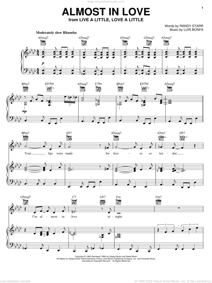 Almost In Love sheet music for voice, piano or guitar by Elvis Presley, Luis Bonfa and Randy Starr, intermediate skill level