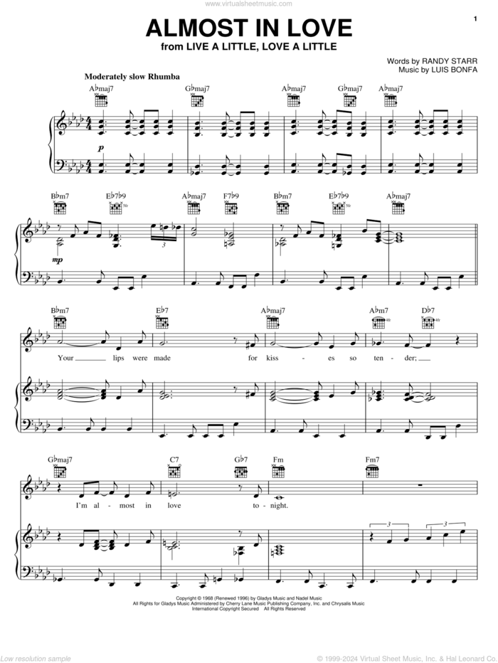 Almost In Love sheet music for voice, piano or guitar by Elvis Presley, Luis Bonfa and Randy Starr, intermediate skill level