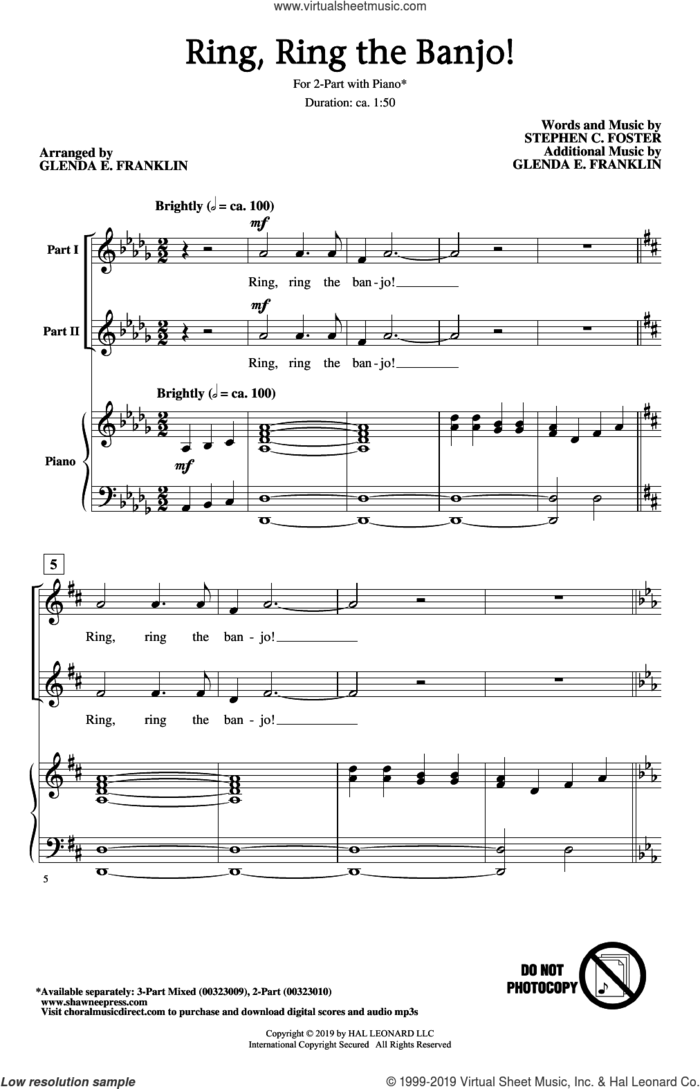 Ring, Ring The Banjo! (arr. Glenda E. Franklin) sheet music for choir (2-Part) by Stephen Foster and Glenda E. Franklin, intermediate duet