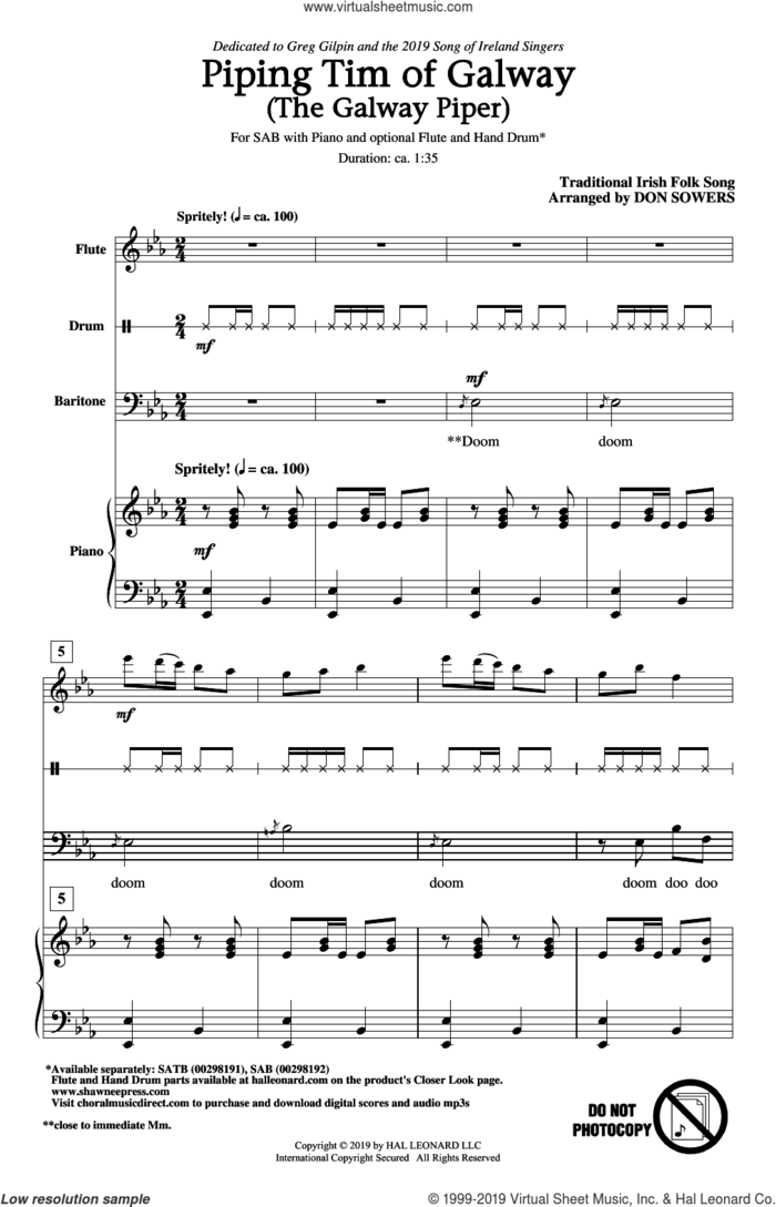 Piping Tim Of Galway (The Galway Piper) (arr. Don Sowers) sheet music for choir (SAB: soprano, alto, bass)  and Don Sowers, intermediate skill level