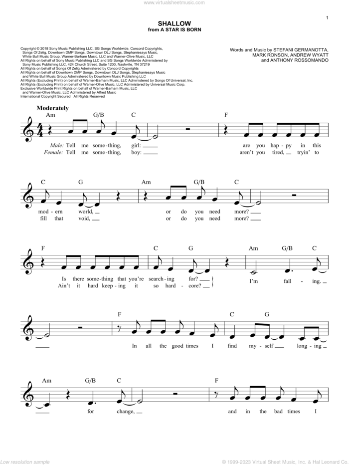 Shallow (from A Star Is Born) sheet music for voice and other instruments (fake book) by Lady Gaga & Bradley Cooper, Bradley Cooper, Andrew Wyatt, Anthony Rossomando, Lady Gaga and Mark Ronson, easy skill level