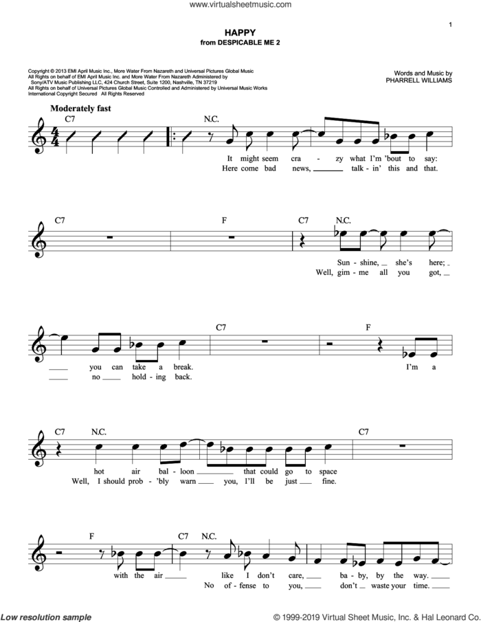 Happy (from Despicable Me 2) sheet music for voice and other instruments (fake book) by Pharrell and Pharrell Williams, easy skill level