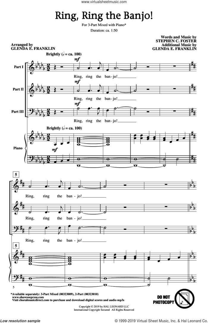 Ring, Ring The Banjo! (arr. Glenda E. Franklin) sheet music for choir (3-Part Mixed) by Stephen Foster and Glenda E. Franklin, intermediate skill level