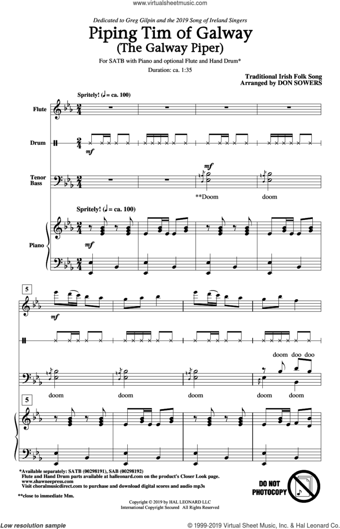 Piping Tim Of Galway (The Galway Piper) (arr. Don Sowers) sheet music for choir (SATB: soprano, alto, tenor, bass)  and Don Sowers, intermediate skill level