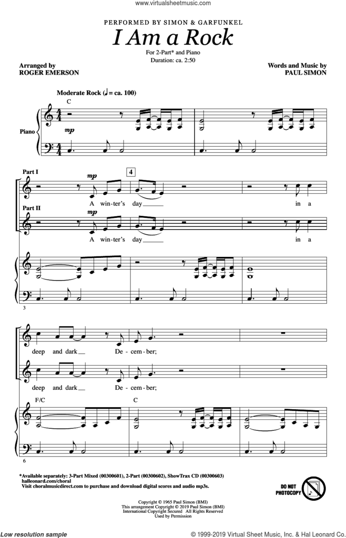 I Am A Rock (arr. Roger Emerson) sheet music for choir (2-Part) by Simon & Garfunkel, Roger Emerson and Paul Simon, intermediate duet
