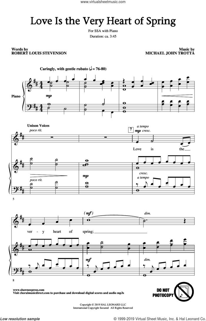 Love Is The Very Heart Of Spring sheet music for choir (SSA: soprano, alto) by Robert Louis Stevenson and Michael John Trotta, intermediate skill level