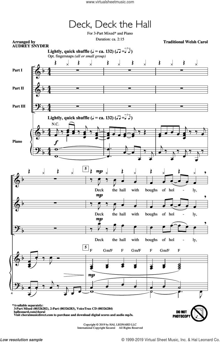 Deck, Deck The Hall (arr. Audrey Snyder) sheet music for choir (3-Part Mixed)  and Audrey Snyder, intermediate skill level