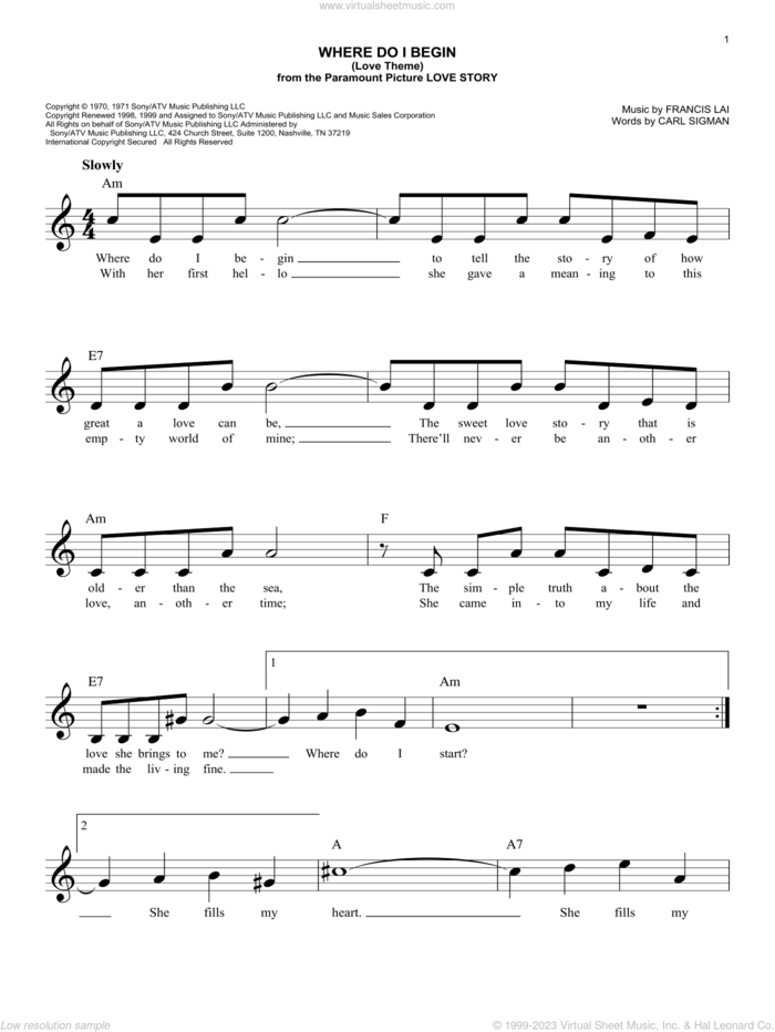 Where Do I Begin (Love Theme) (from Love Story) sheet music for voice and other instruments (fake book) by Andy Williams, Carl Sigman and Francis Lai, intermediate skill level