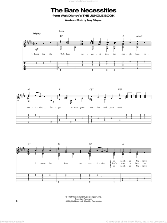 The Bare Necessities (from Disney's The Jungle Book) sheet music for guitar solo by Terry Gilkyson, intermediate skill level