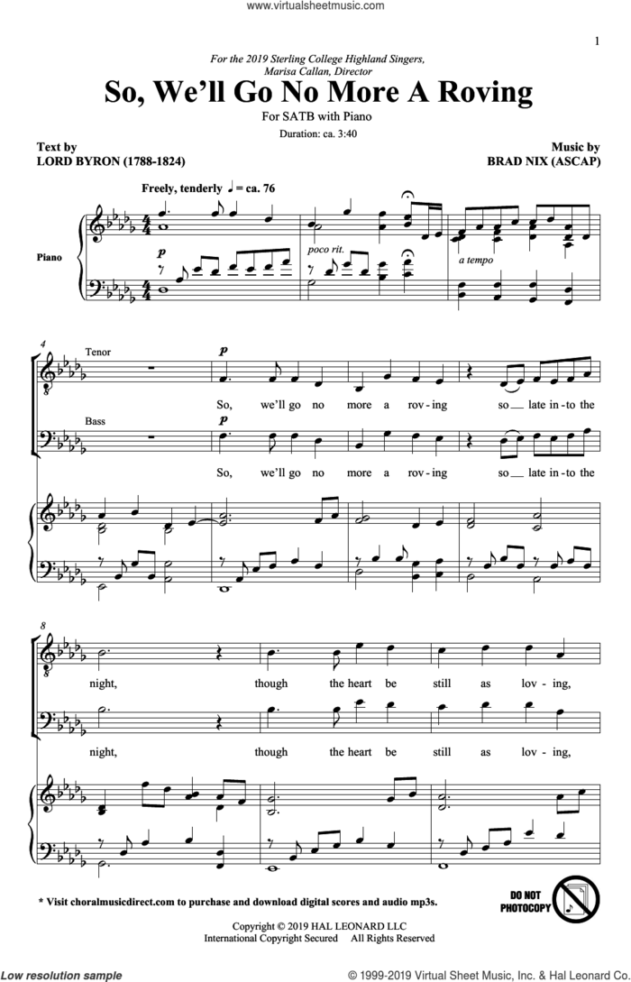 So, We'll Go No More A Roving sheet music for choir (SATB: soprano, alto, tenor, bass) by Brad Nix and Lord Byron, intermediate skill level