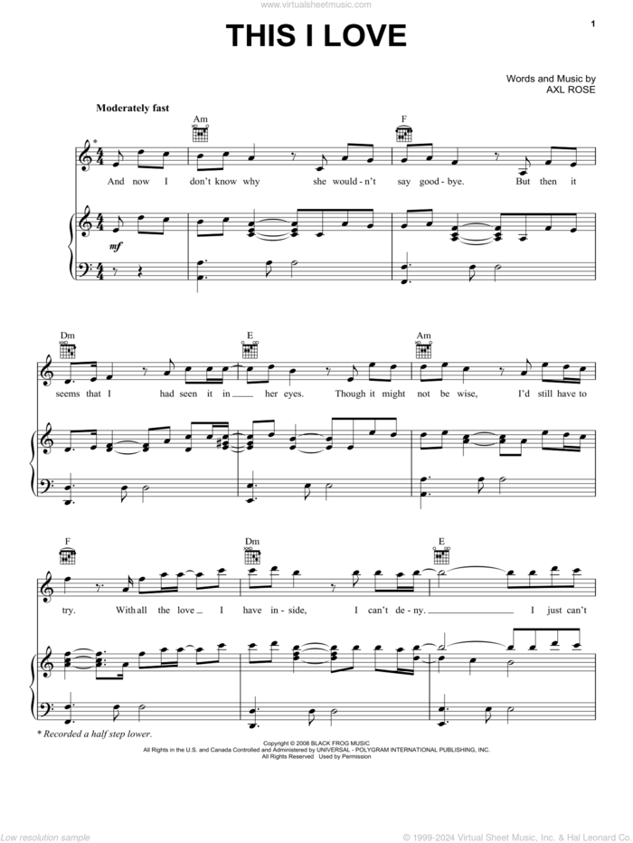This I Love sheet music for voice, piano or guitar by Guns N' Roses and Axl Rose, intermediate skill level