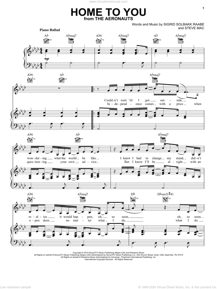Home To You (from The Aeronauts) sheet music for voice, piano or guitar by Sigrid, Sigrid Solbakk Raabe and Steve Mac, intermediate skill level