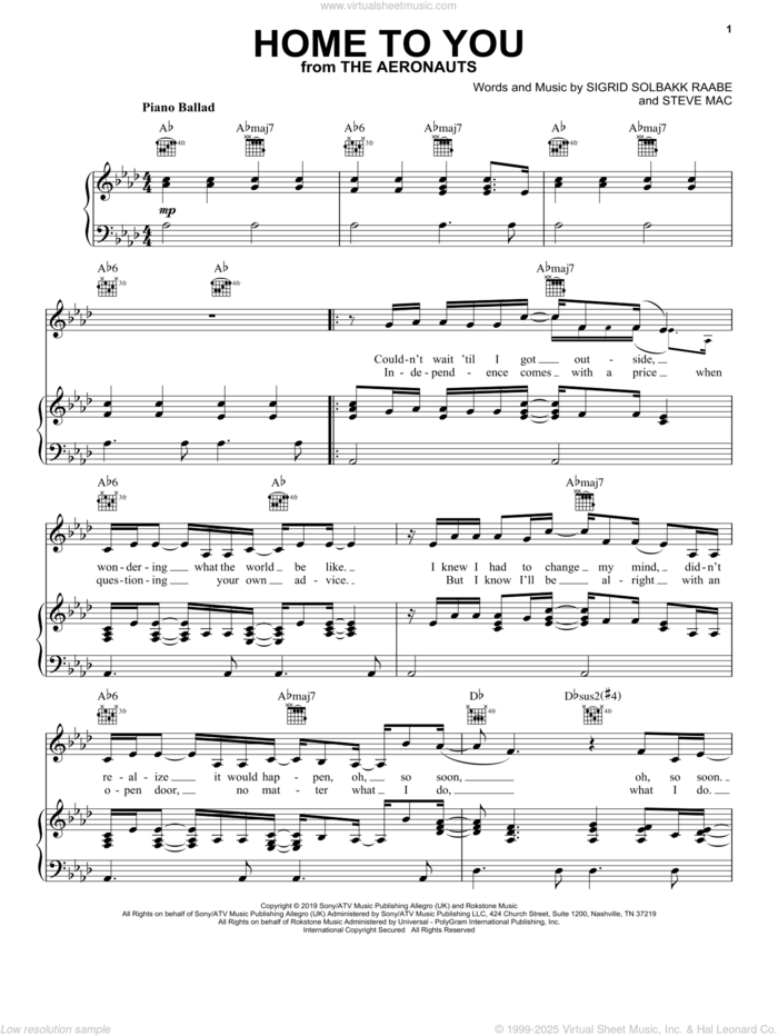 Home To You (from The Aeronauts) sheet music for voice, piano or guitar by Sigrid, Sigrid Solbakk Raabe and Steve Mac, intermediate skill level