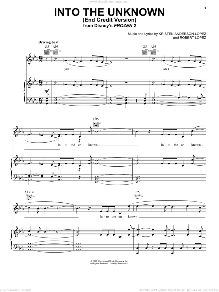 Into The Unknown (from Disney's Frozen 2) sheet music for voice, piano or guitar by Panic! At The Disco, Kristen Anderson-Lopez and Robert Lopez, intermediate skill level