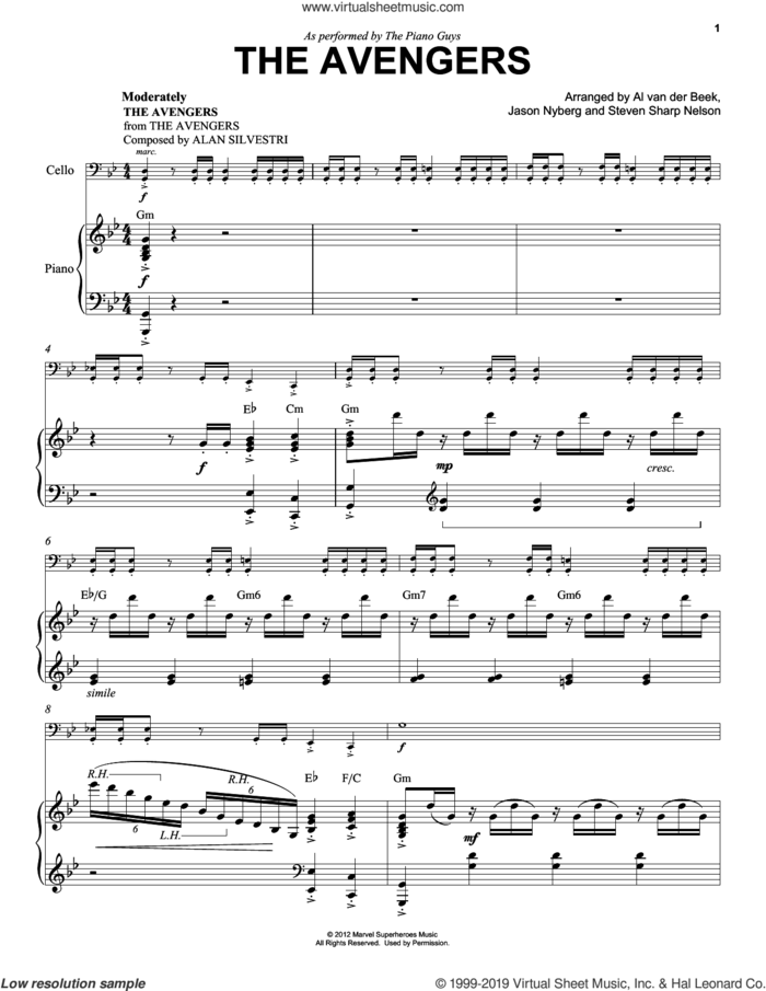 The Avengers sheet music for cello and piano by The Piano Guys and Alan Silvestri, intermediate skill level